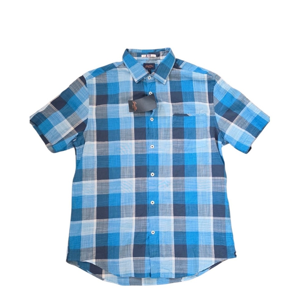 Good American NWT 100% Cotton Plaid Blue Short Sleeve Button-Up‎ Shirt sz M